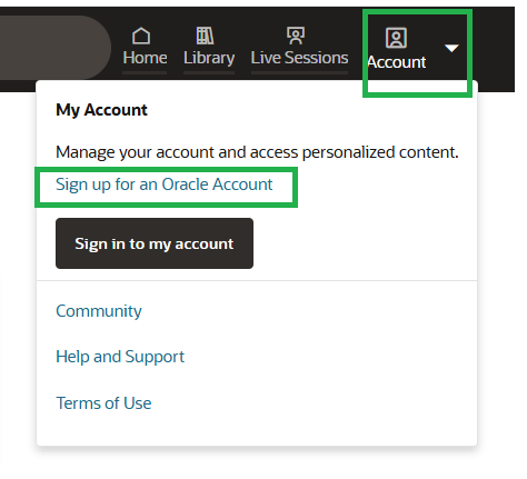 Oracle MyLearn account dropdown showing Sign up and Sign in options