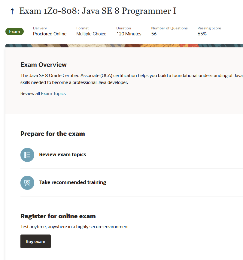 1Z0-808 exam page showing Buy Exam button in Register for online exam section