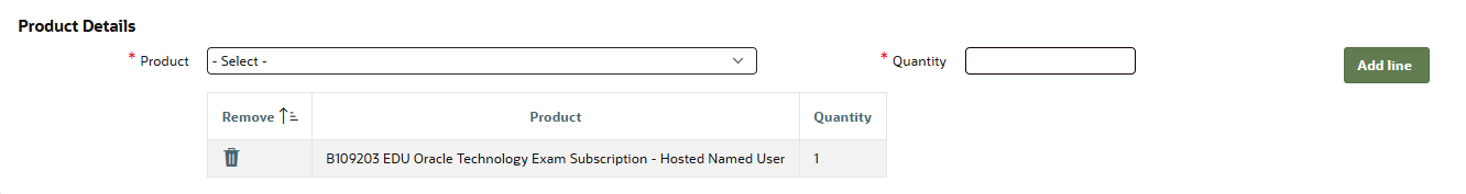 Product Details table showing B109203 EDU Oracle Technology Exam Subscription added with quantity 1