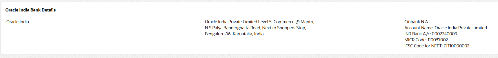 Oracle India bank details showing Citibank account information for payment