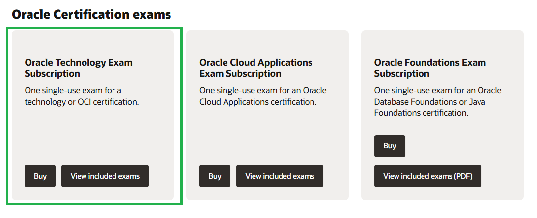 Oracle exam subscription options with Oracle Technology Exam Subscription highlighted
