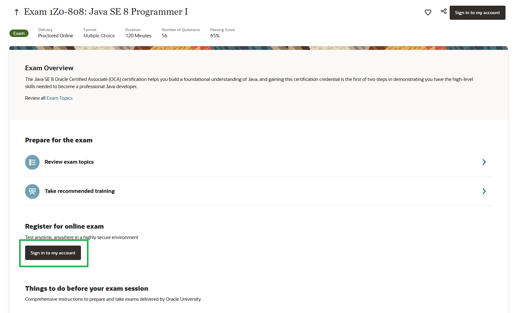 Oracle MyLearn exam page for 1Z0-808 showing exam overview and Buy Exam button
