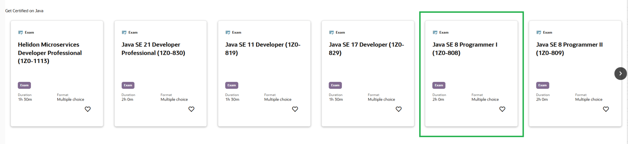 Oracle MyLearn Java certifications list with 1Z0-808 highlighted